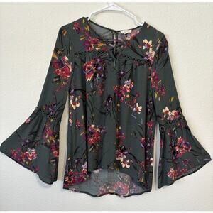 Oddy Top Womens Small Green Floral Boho Long Bell Sleeve High Low Blouse (d1)